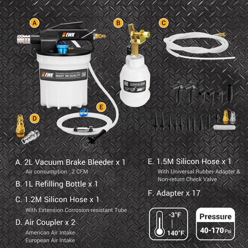 EWK 23-Piece Pneumatic Brake Bleeder Kit, 2L Vacuum Brake Bleeder Pump & 1L Fluid Refilling Bottle, One-Person Brake Fluid Flush System for Cars, Motorcycles, Trucks & ABS Systems - Image 2